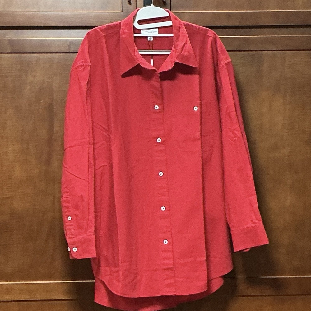 Something Navy Oversized Classic Button Up Shirt Women M Red Cotton NWT $150